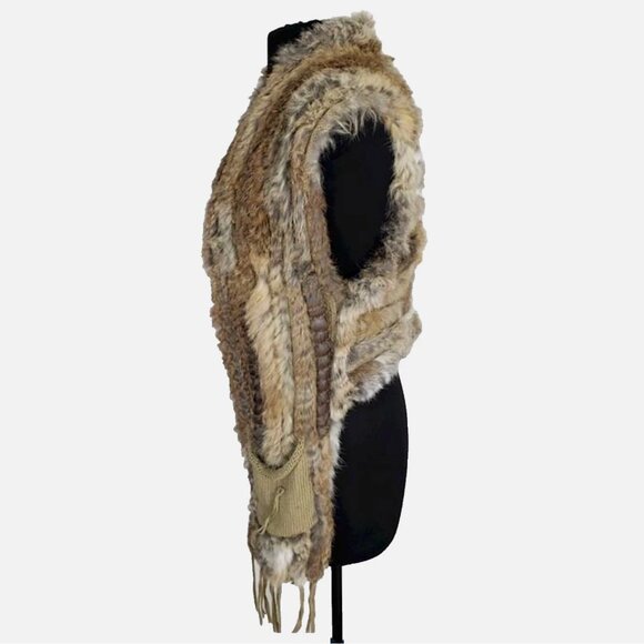 Real Rabbit Fur Knitted Vest w Fringe Tassels Pockets Stole Gilet Brown Women OS - Picture 4 of 7